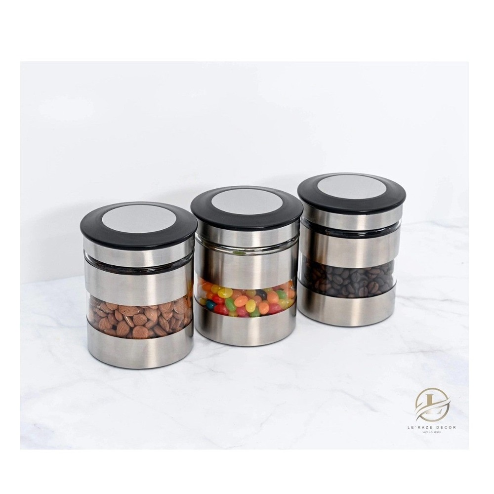 New Canister Set Kitchen Storage Air Tight 20oz Silver Steel Glass Window 3pc